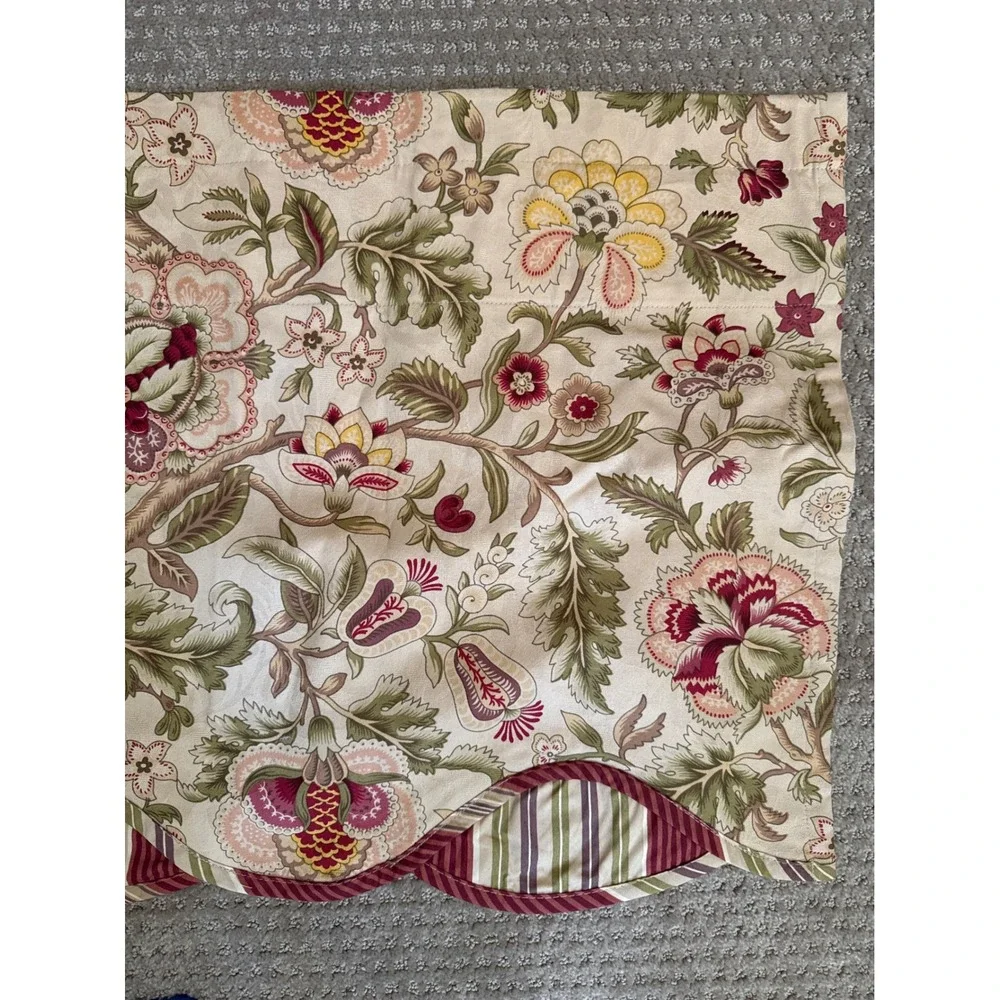 Waverly Floral Scalloped Window Valance Cream Red Green Striped Trim 50x18
